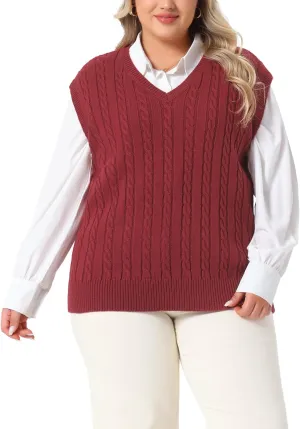Agnes Orinda Women's Plus Size Sweater Vest V Neck Cable Knit Sweater Sleeveless Pullover Sweater Vests
