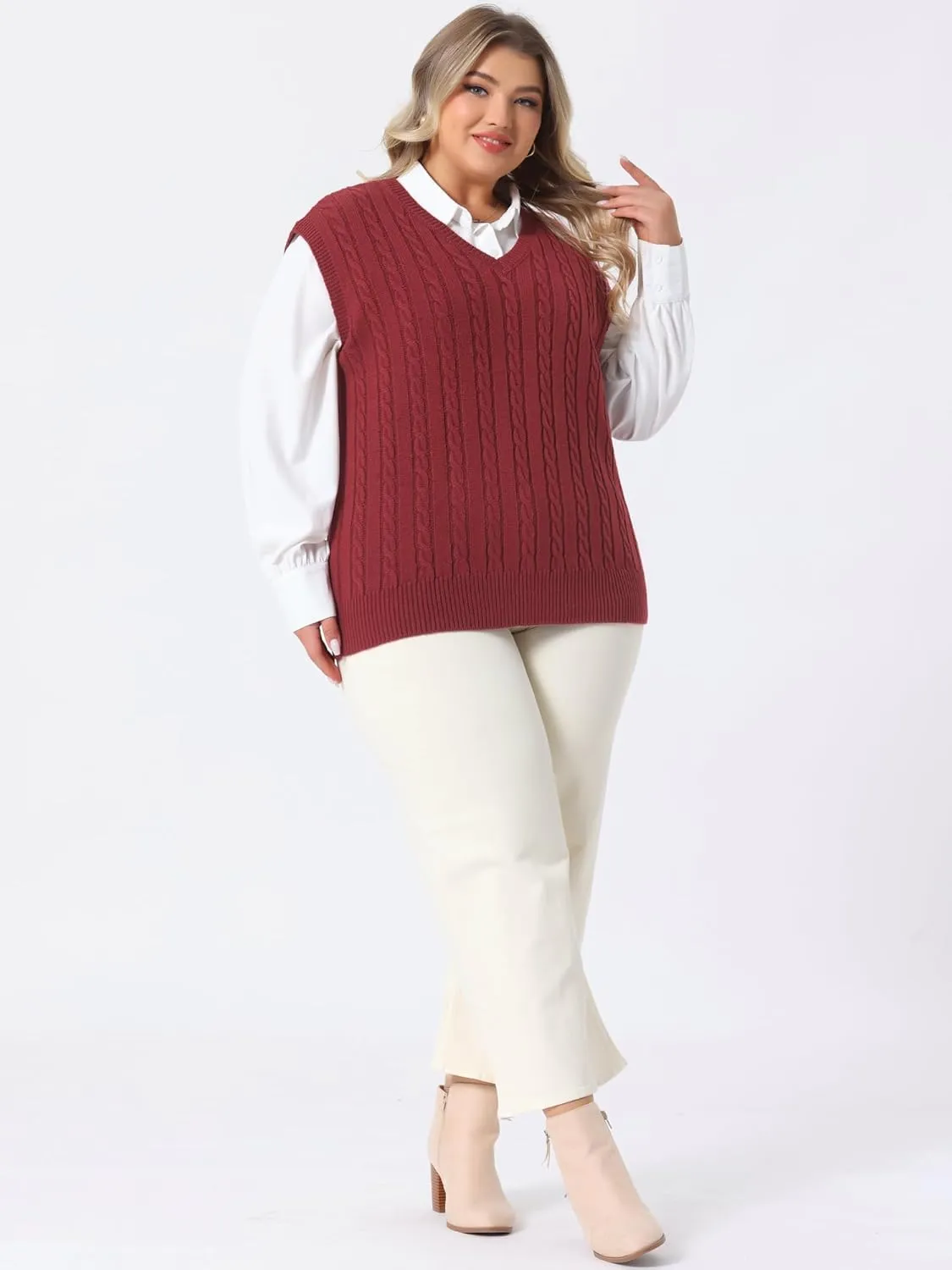 Agnes Orinda Women's Plus Size Sweater Vest V Neck Cable Knit Sweater Sleeveless Pullover Sweater Vests