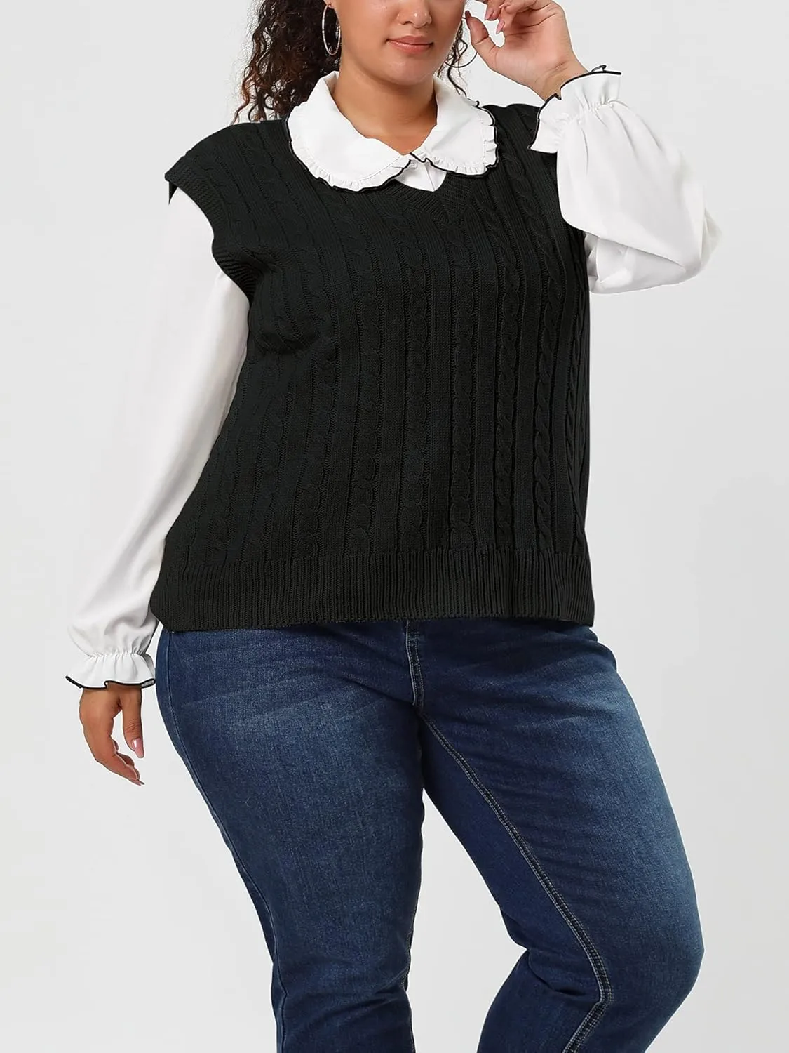 Agnes Orinda Women's Plus Size Sweater Vest V Neck Cable Knit Sweater Sleeveless Pullover Sweater Vests