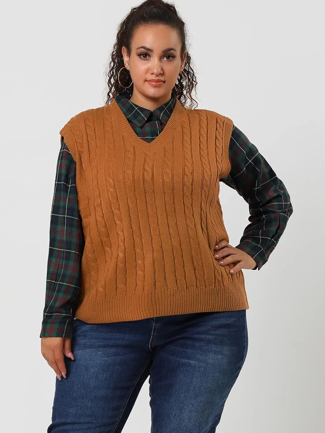 Agnes Orinda Women's Plus Size Sweater Vest V Neck Cable Knit Sweater Sleeveless Pullover Sweater Vests