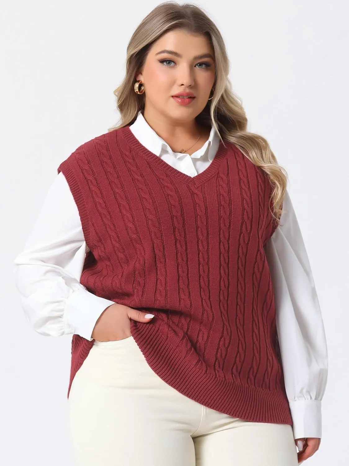 Agnes Orinda Women's Plus Size Sweater Vest V Neck Cable Knit Sweater Sleeveless Pullover Sweater Vests