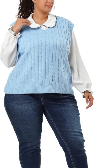Agnes Orinda Women's Plus Size Sweater Vest V Neck Cable Knit Sweater Sleeveless Pullover Sweater Vests