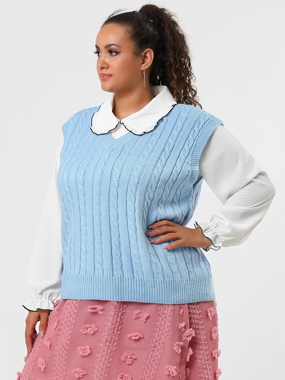 Agnes Orinda Women's Plus Size Sweater Vest V Neck Cable Knit Sweater Sleeveless Pullover Sweater Vests