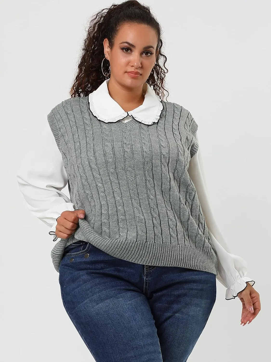 Agnes Orinda Women's Plus Size Sweater Vest V Neck Cable Knit Sweater Sleeveless Pullover Sweater Vests