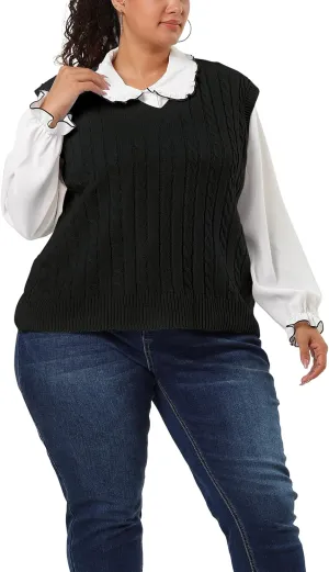 Agnes Orinda Women's Plus Size Sweater Vest V Neck Cable Knit Sweater Sleeveless Pullover Sweater Vests