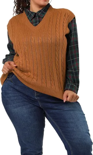 Agnes Orinda Women's Plus Size Sweater Vest V Neck Cable Knit Sweater Sleeveless Pullover Sweater Vests