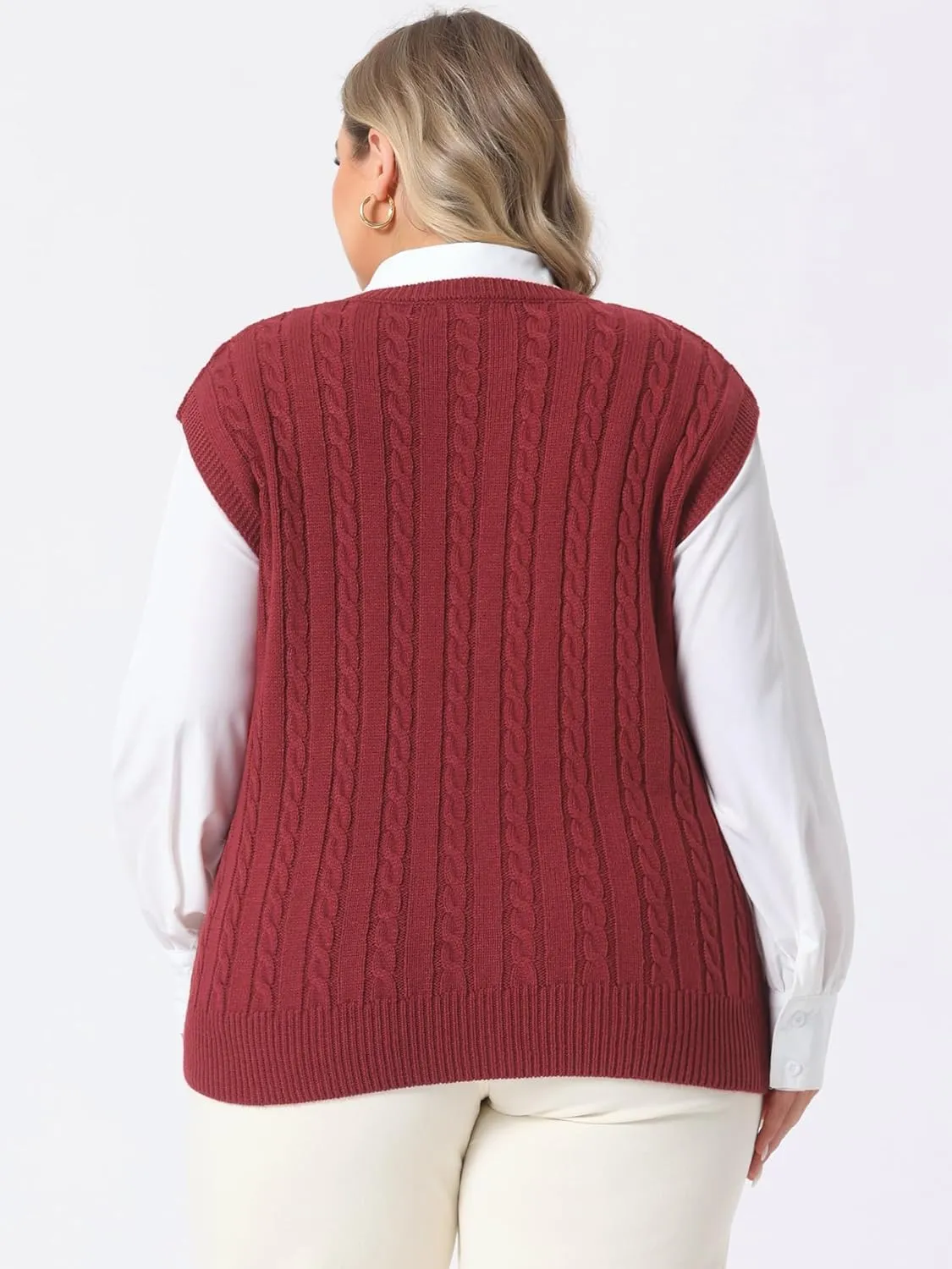 Agnes Orinda Women's Plus Size Sweater Vest V Neck Cable Knit Sweater Sleeveless Pullover Sweater Vests