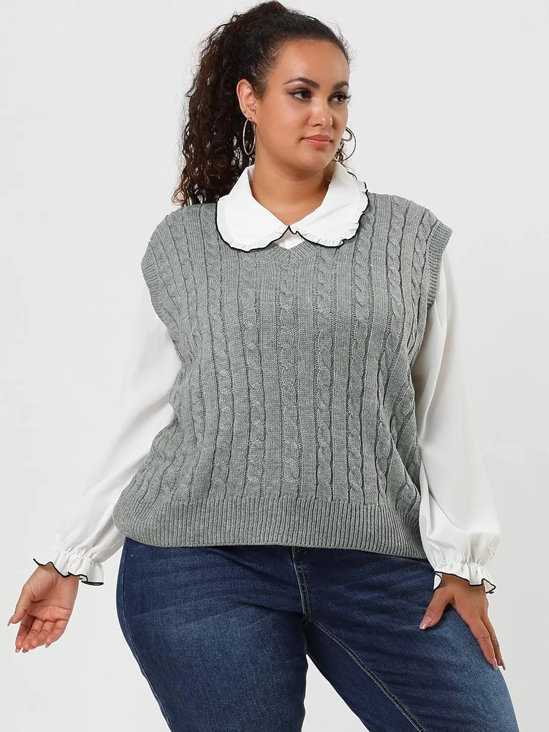 Agnes Orinda Women's Plus Size Sweater Vest V Neck Cable Knit Sweater Sleeveless Pullover Sweater Vests