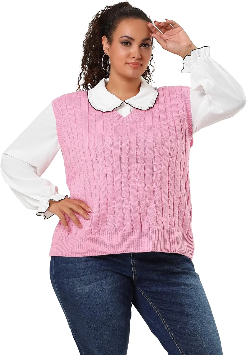 Agnes Orinda Women's Plus Size Sweater Vest V Neck Cable Knit Sweater Sleeveless Pullover Sweater Vests
