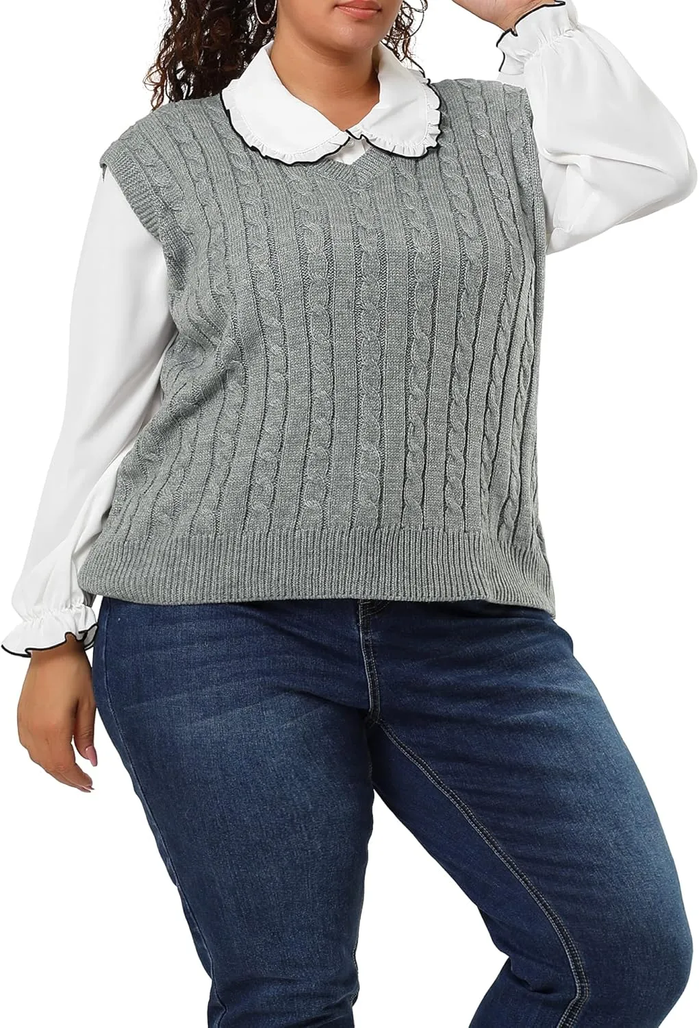 Agnes Orinda Women's Plus Size Sweater Vest V Neck Cable Knit Sweater Sleeveless Pullover Sweater Vests