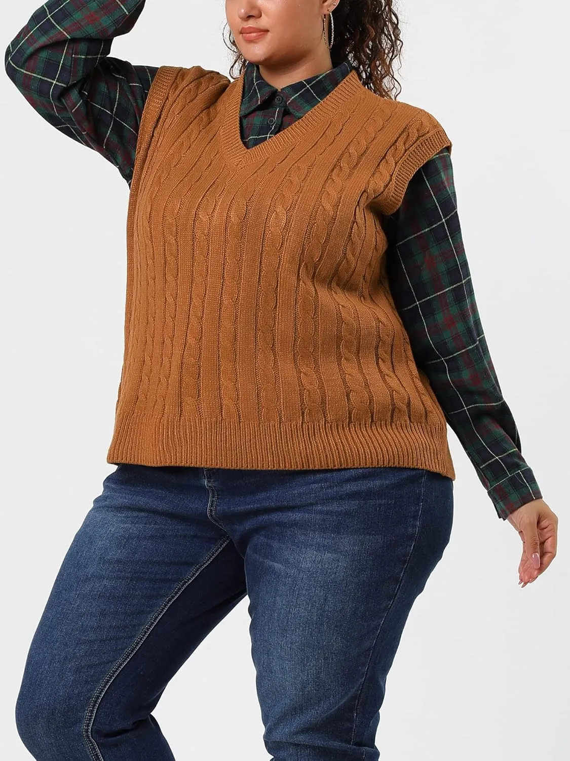Agnes Orinda Women's Plus Size Sweater Vest V Neck Cable Knit Sweater Sleeveless Pullover Sweater Vests