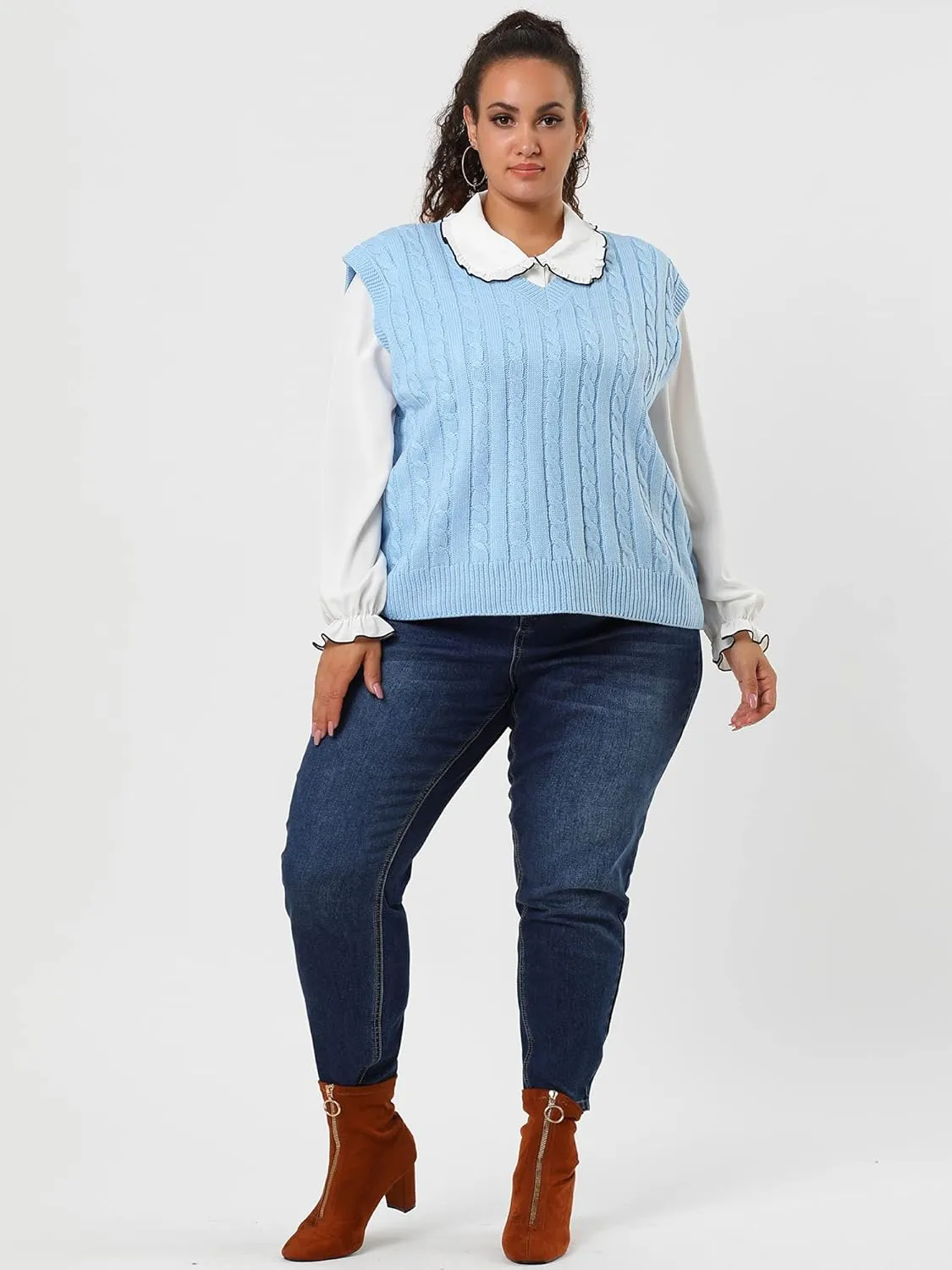 Agnes Orinda Women's Plus Size Sweater Vest V Neck Cable Knit Sweater Sleeveless Pullover Sweater Vests