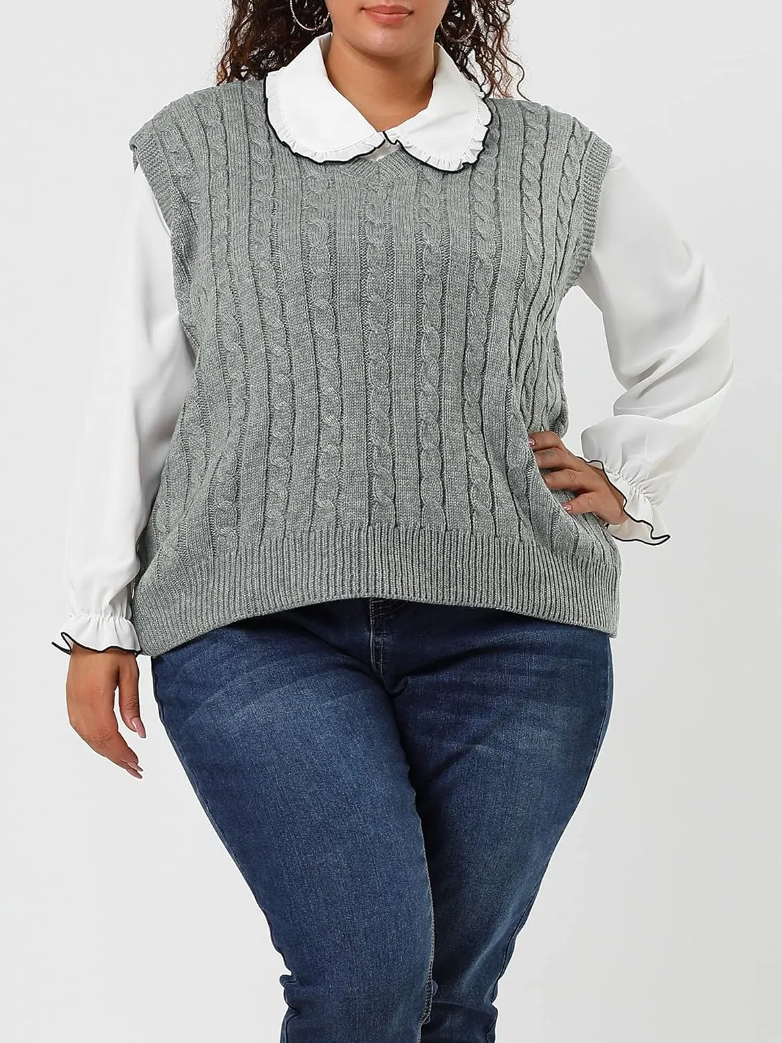 Agnes Orinda Women's Plus Size Sweater Vest V Neck Cable Knit Sweater Sleeveless Pullover Sweater Vests
