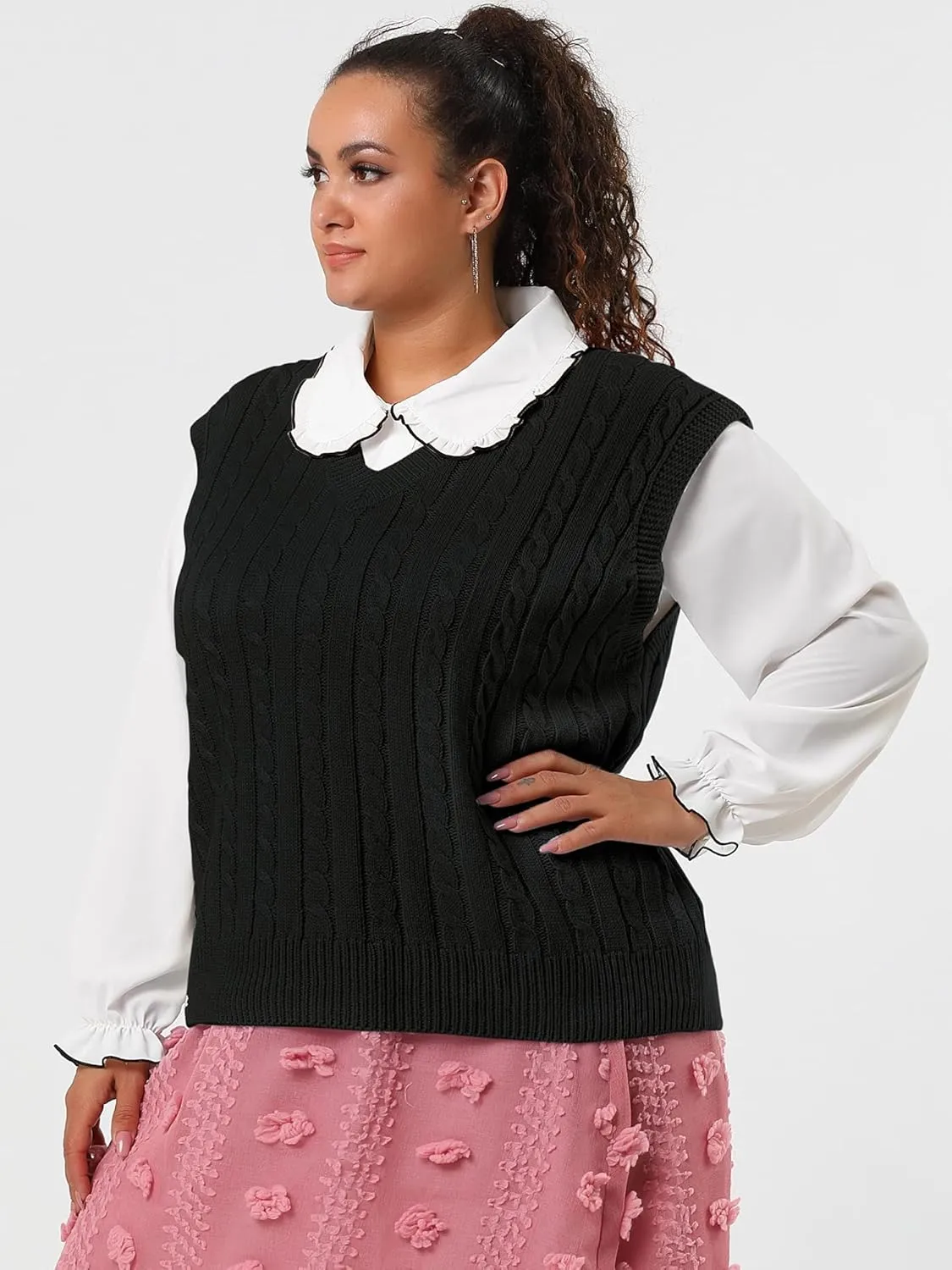 Agnes Orinda Women's Plus Size Sweater Vest V Neck Cable Knit Sweater Sleeveless Pullover Sweater Vests