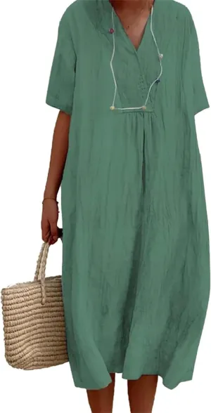 Akivide Women's Summer Cotton Linen Midi Dresses Casual Loose Short Sleeve V Neck Solid Beach Vacation Tshirt Dress