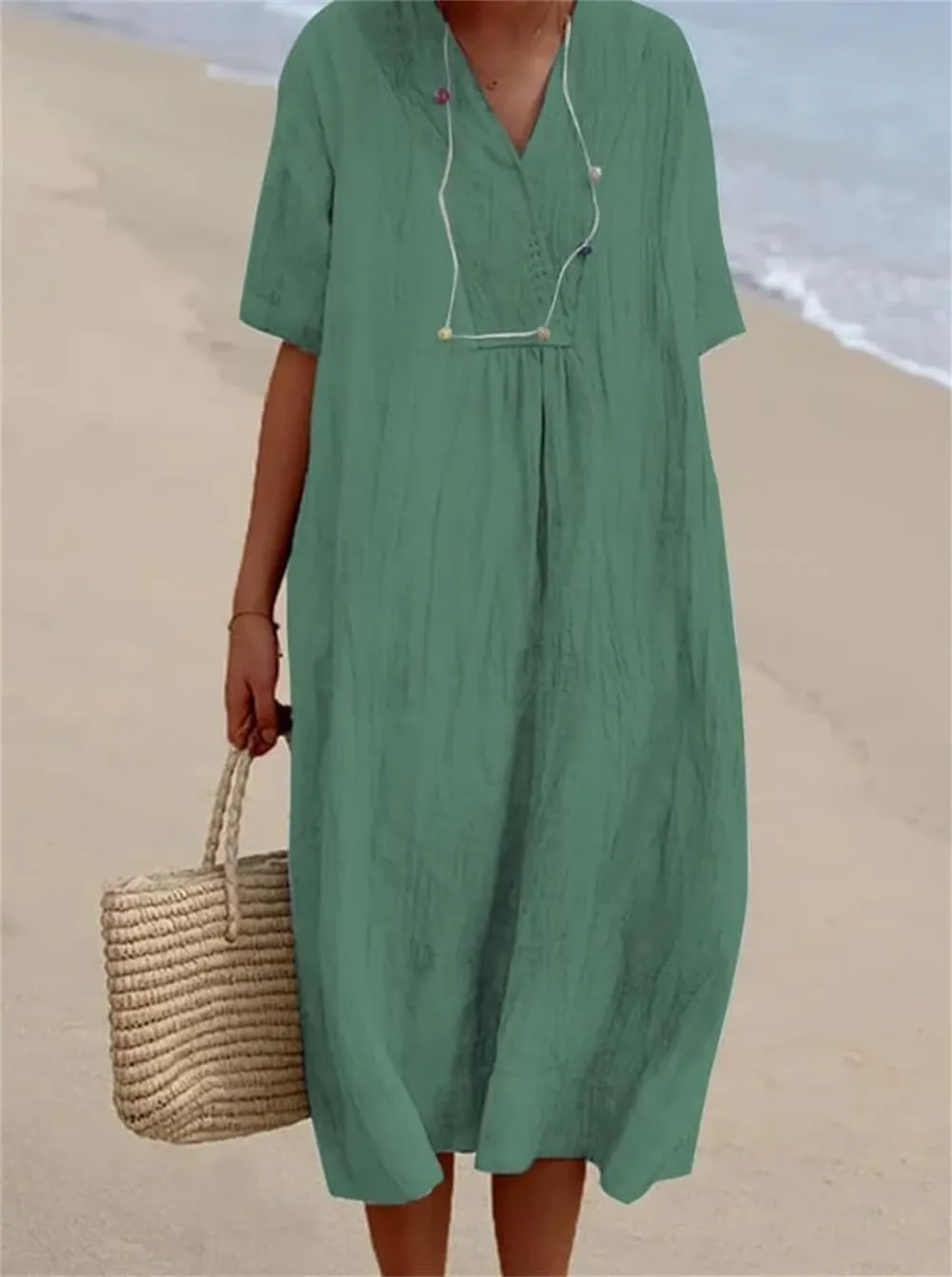 Akivide Women's Summer Cotton Linen Midi Dresses Casual Loose Short Sleeve V Neck Solid Beach Vacation Tshirt Dress