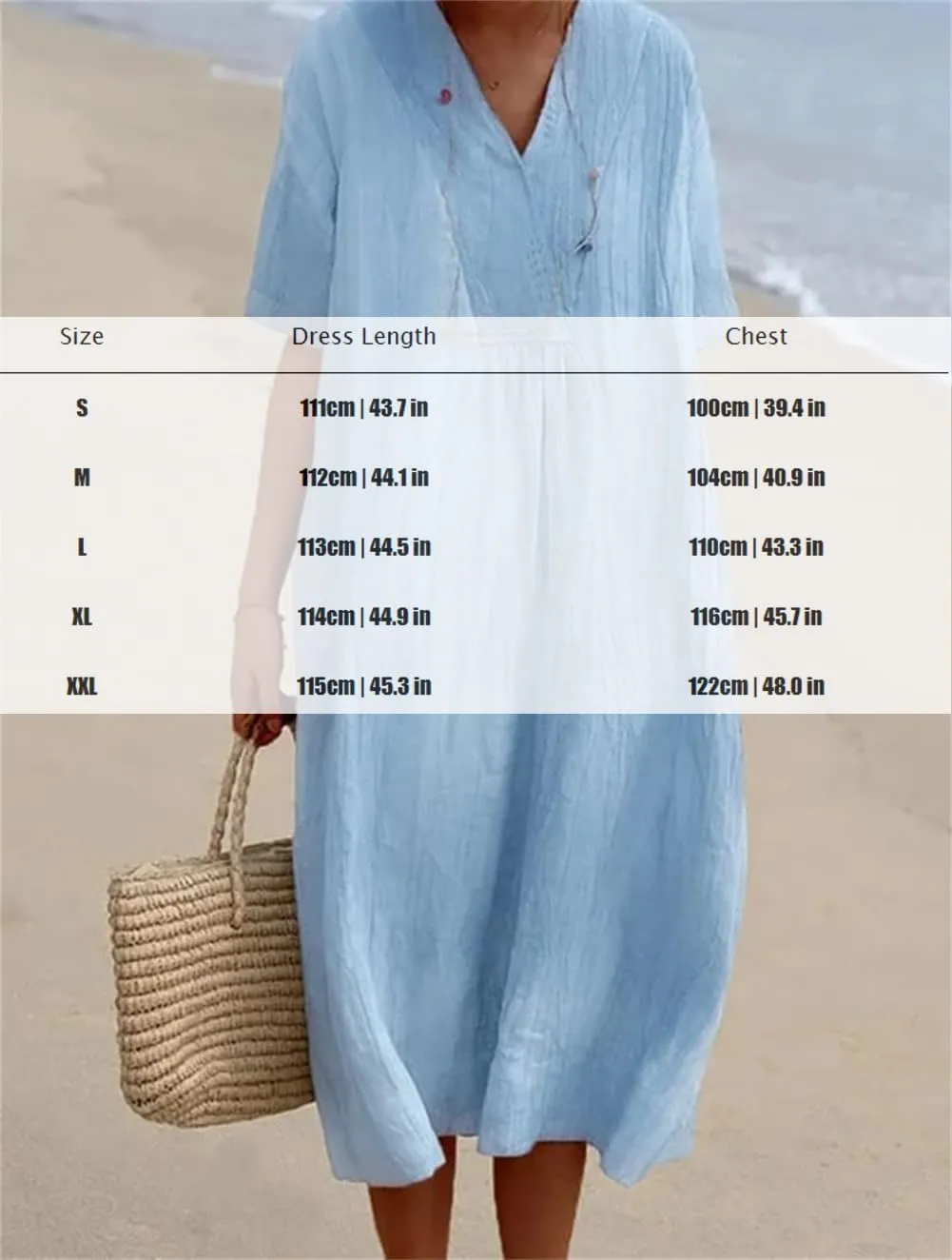 Akivide Women's Summer Cotton Linen Midi Dresses Casual Loose Short Sleeve V Neck Solid Beach Vacation Tshirt Dress