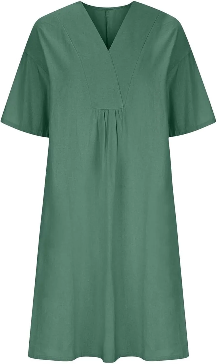 Akivide Women's Summer Cotton Linen Midi Dresses Casual Loose Short Sleeve V Neck Solid Beach Vacation Tshirt Dress