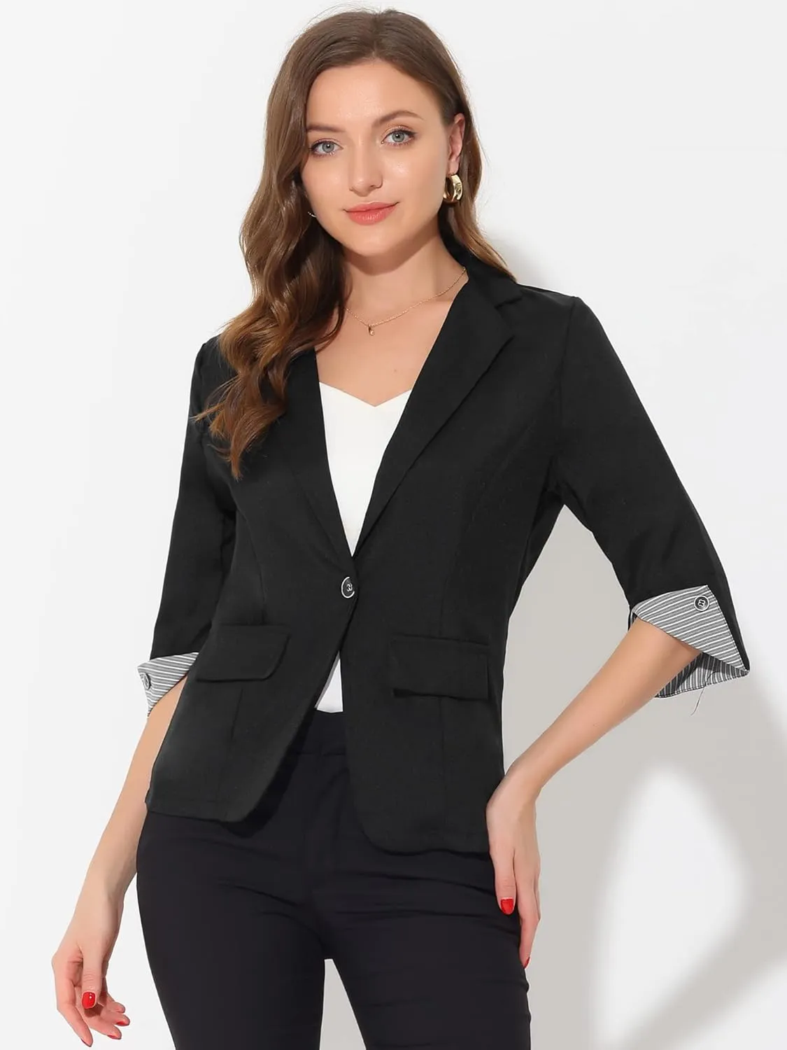 Allegra K Women's Suit Jacket Notched Lapel Collar 3/4 Sleeve Button Front Work Formal Blazer