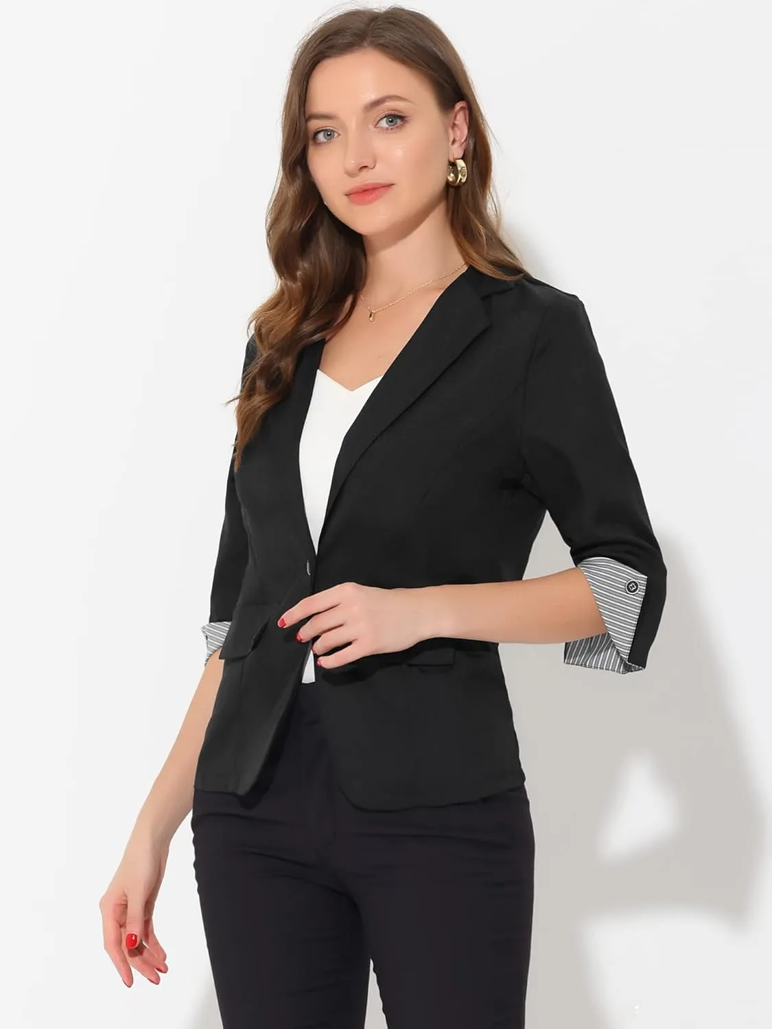 Allegra K Women's Suit Jacket Notched Lapel Collar 3/4 Sleeve Button Front Work Formal Blazer