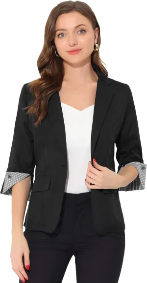 Allegra K Women's Suit Jacket Notched Lapel Collar 3/4 Sleeve Button Front Work Formal Blazer
