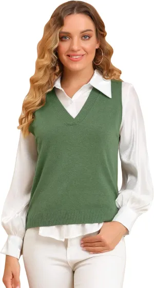Allegra K Women's V Neck Sweater Vest Knit Pullover Sleeveless Sweater Top
