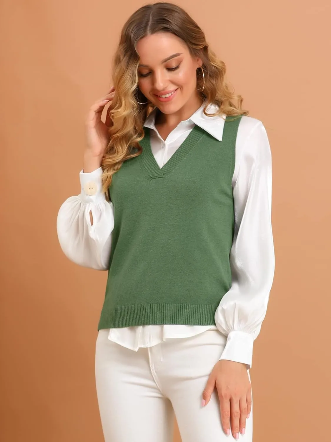 Allegra K Women's V Neck Sweater Vest Knit Pullover Sleeveless Sweater Top