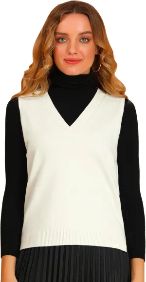 Allegra K Women's V Neck Sweater Vest Knit Pullover Sleeveless Sweater Top