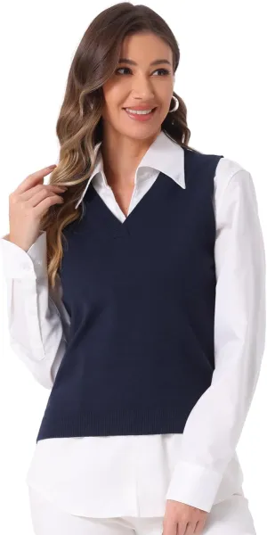 Allegra K Women's V Neck Sweater Vest Knit Pullover Sleeveless Sweater Top