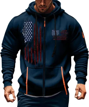 American Flag Hoodie Hoodies for Men Loose Print Zipper Long Sleeved Hoodie Loose Fit Heavyweight American Flag
