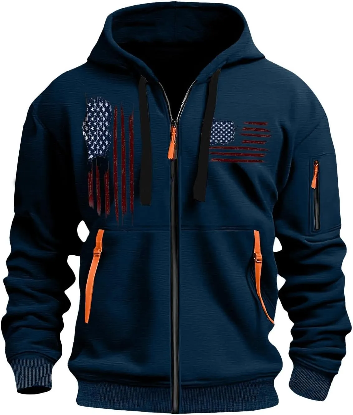 American Flag Hoodie Hoodies for Men Loose Print Zipper Long Sleeved Hoodie Loose Fit Heavyweight American Flag