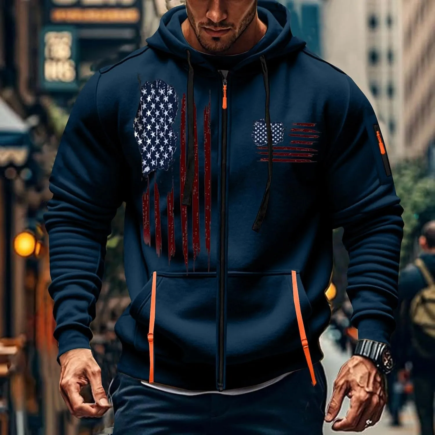 American Flag Hoodie Hoodies for Men Loose Print Zipper Long Sleeved Hoodie Loose Fit Heavyweight American Flag