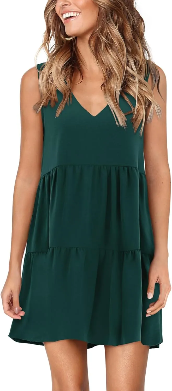Amoretu Women Summer Tunic Dress Sleeveless V Neck Casual Loose Flowy Swing Tank Dresses