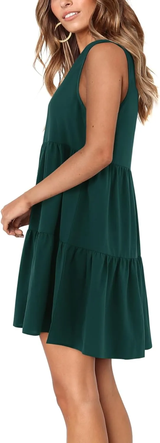 Amoretu Women Summer Tunic Dress Sleeveless V Neck Casual Loose Flowy Swing Tank Dresses