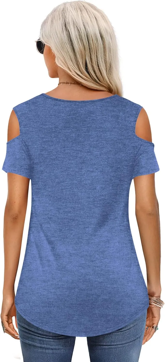 Amoretu Womens Short Sleeve Cold Shoulder Basic Tee Tops Shirts