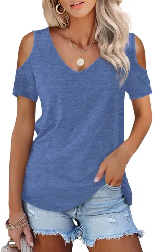 Amoretu Womens Short Sleeve Cold Shoulder Basic Tee Tops Shirts