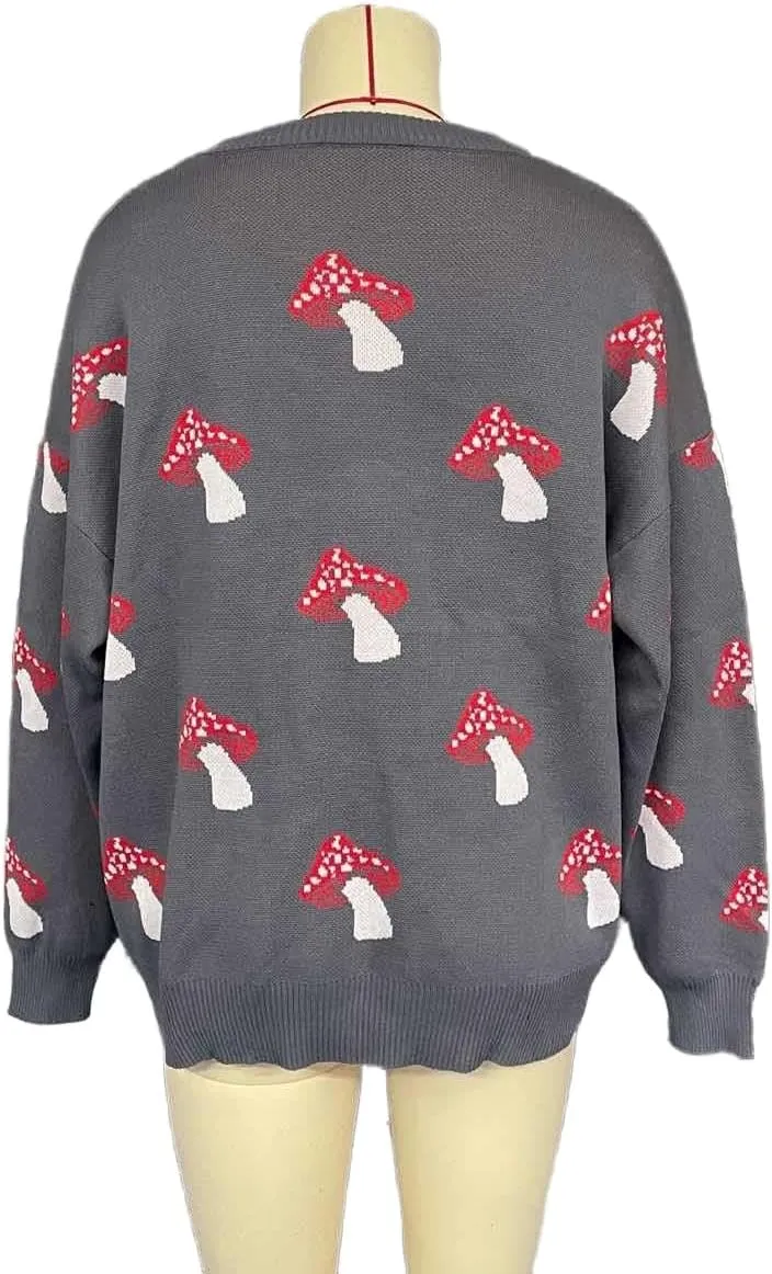 Apvirdy Mushroom Sweater Women Crewneck Long Sleeve Knit Sweater Loose Cute Graphic Pullover Sweater
