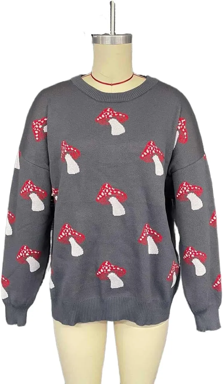 Apvirdy Mushroom Sweater Women Crewneck Long Sleeve Knit Sweater Loose Cute Graphic Pullover Sweater
