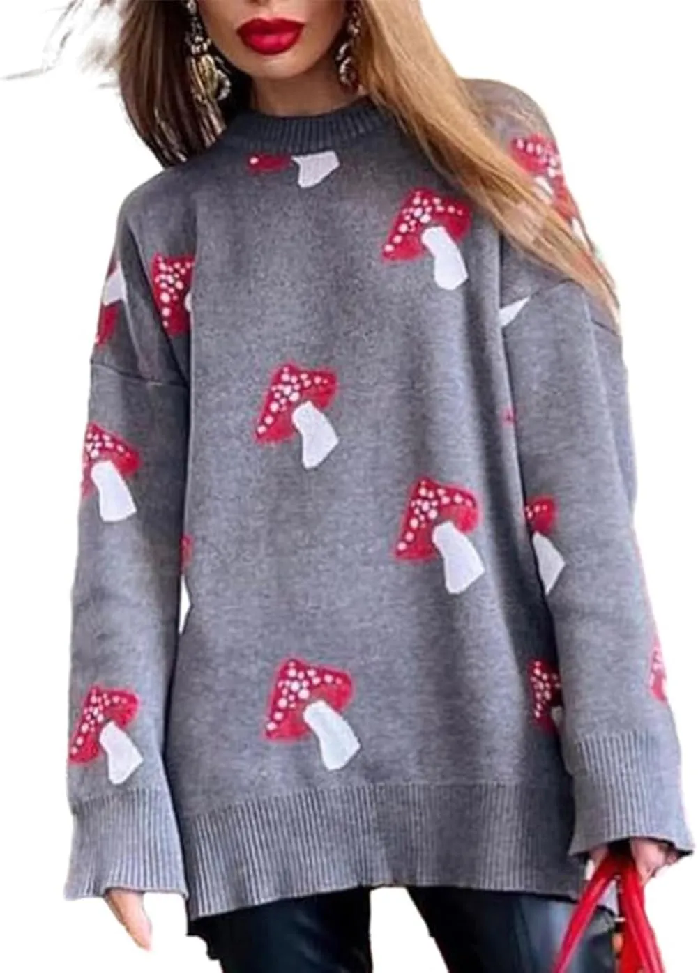 Apvirdy Mushroom Sweater Women Crewneck Long Sleeve Knit Sweater Loose Cute Graphic Pullover Sweater