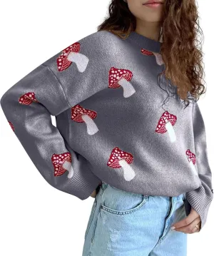 Apvirdy Mushroom Sweater Women Crewneck Long Sleeve Knit Sweater Loose Cute Graphic Pullover Sweater