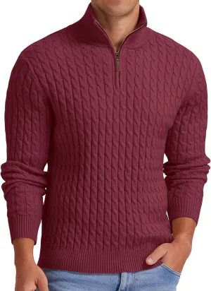 Askdeer Men's Quarter Zip Sweater Cable Knit Sweater Mock Neck Polo Sweater Casual Pullover Sweater with Ribbing Edge
