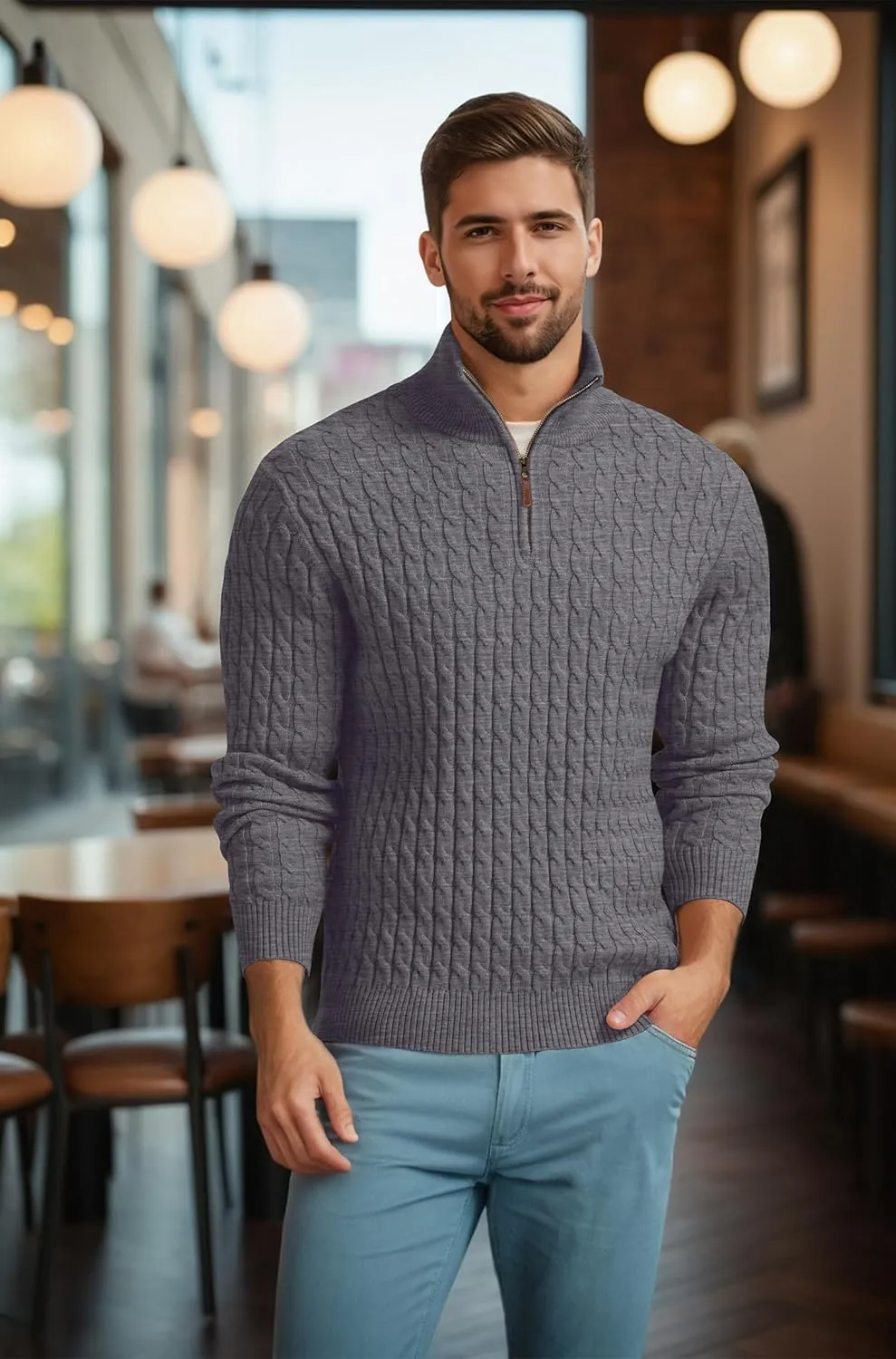 Askdeer Men's Quarter Zip Sweater Cable Knit Sweater Mock Neck Polo Sweater Casual Pullover Sweater with Ribbing Edge