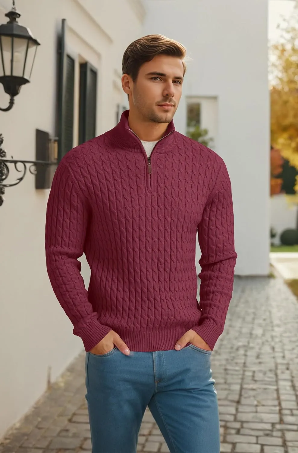 Askdeer Men's Quarter Zip Sweater Cable Knit Sweater Mock Neck Polo Sweater Casual Pullover Sweater with Ribbing Edge