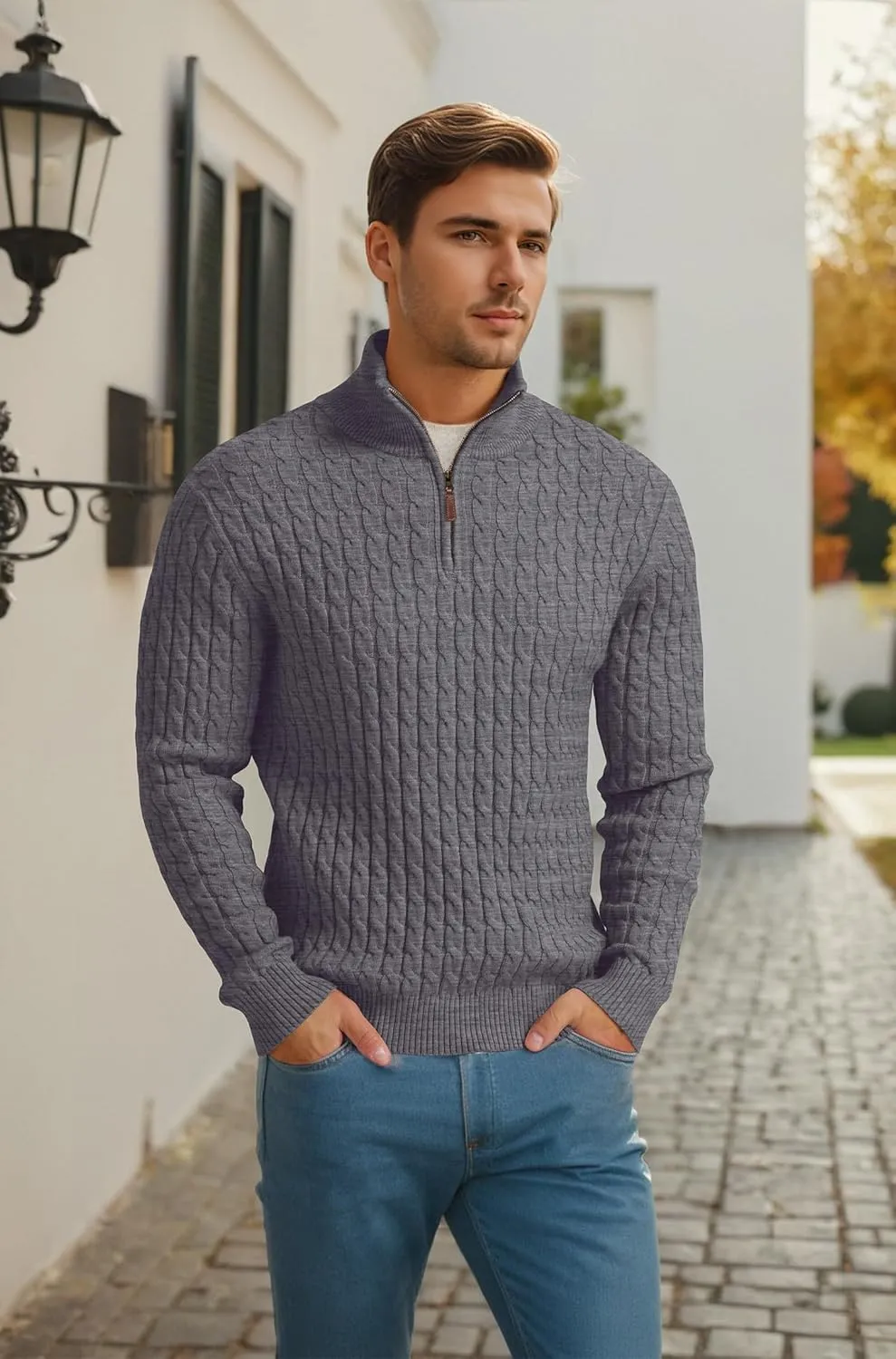 Askdeer Men's Quarter Zip Sweater Cable Knit Sweater Mock Neck Polo Sweater Casual Pullover Sweater with Ribbing Edge