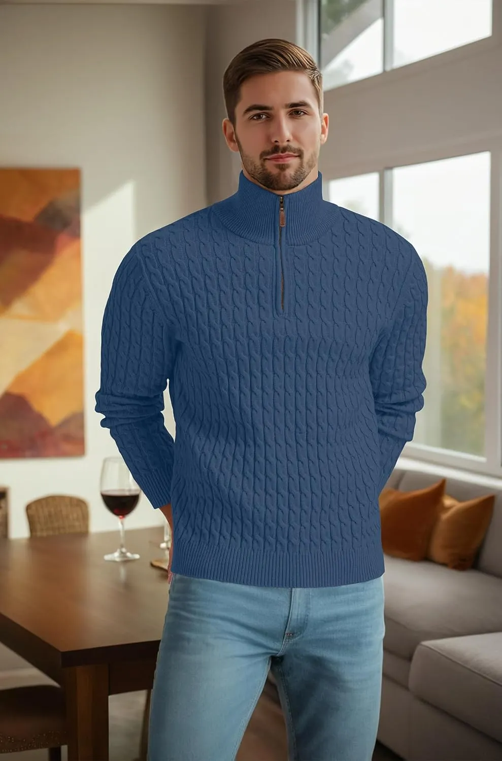 Askdeer Men's Quarter Zip Sweater Cable Knit Sweater Mock Neck Polo Sweater Casual Pullover Sweater with Ribbing Edge