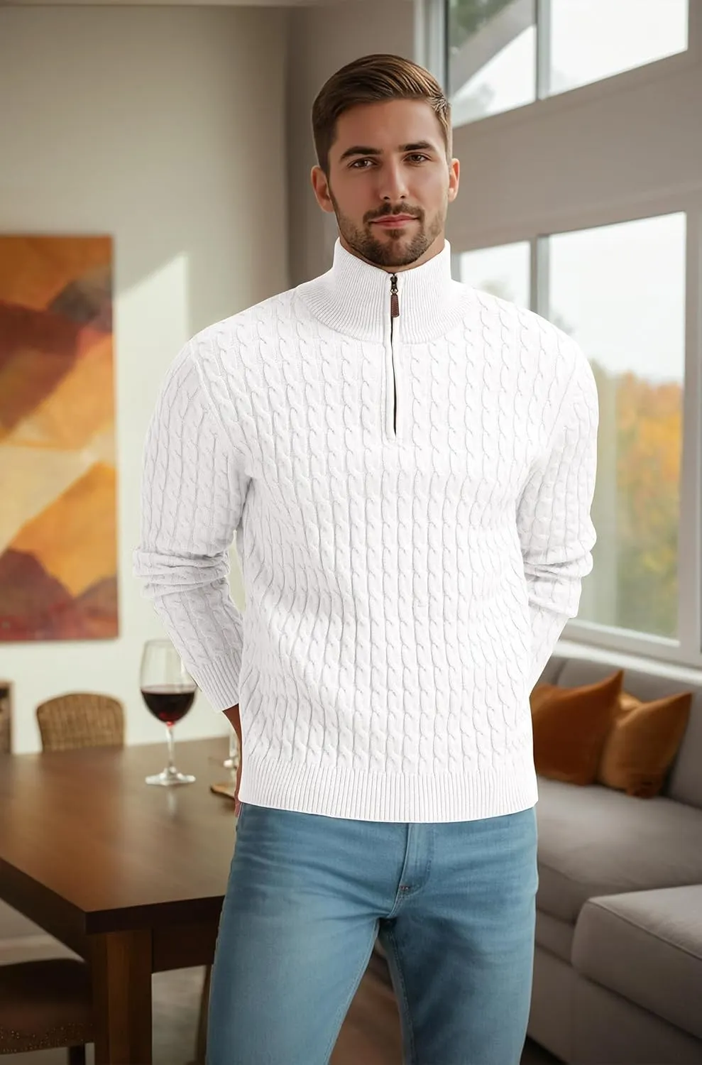 Askdeer Men's Quarter Zip Sweater Cable Knit Sweater Mock Neck Polo Sweater Casual Pullover Sweater with Ribbing Edge