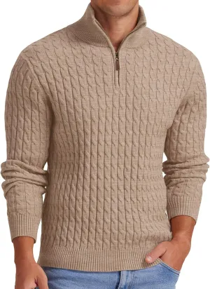 Askdeer Men's Quarter Zip Sweater Cable Knit Sweater Mock Neck Polo Sweater Casual Pullover Sweater with Ribbing Edge