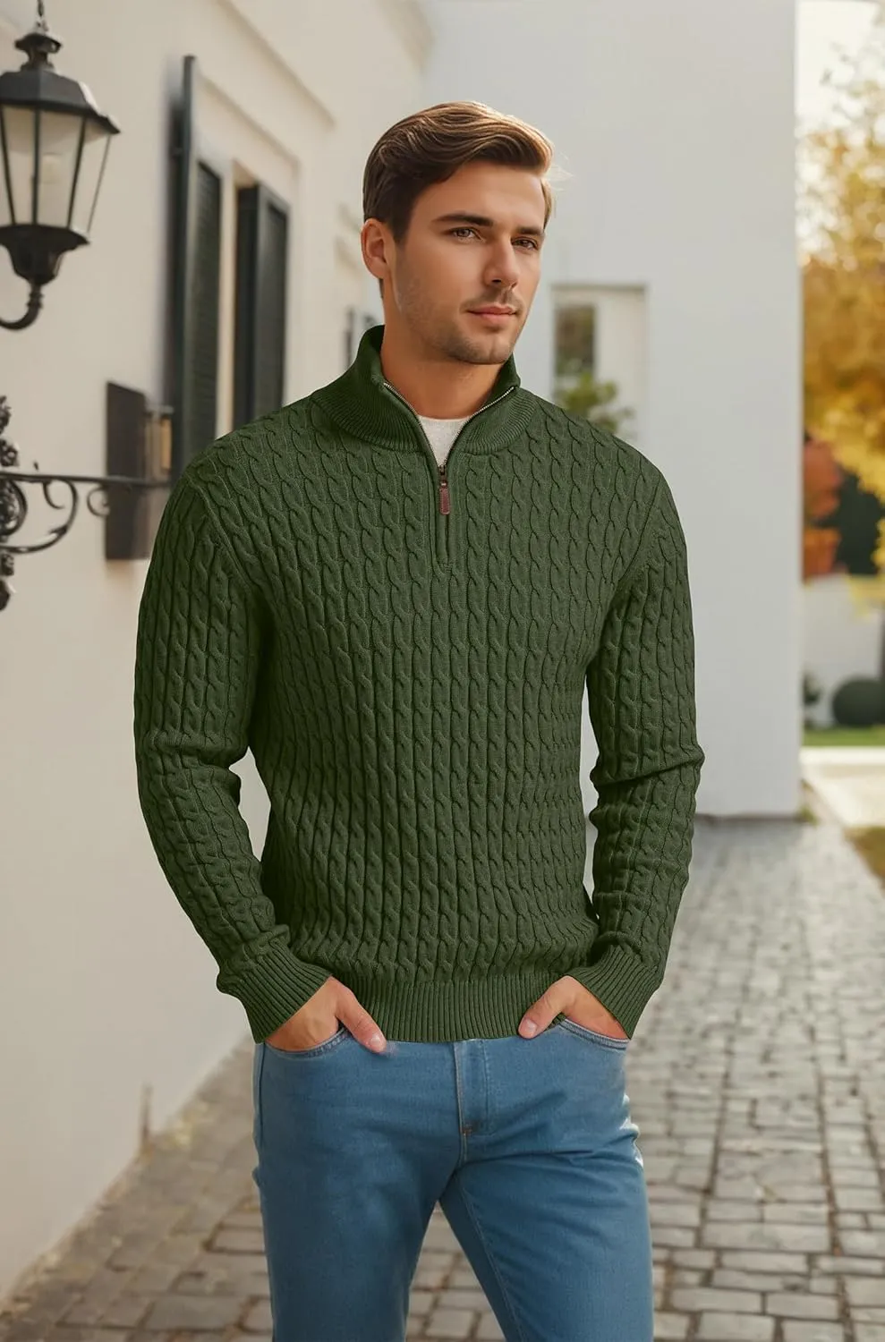 Askdeer Men's Quarter Zip Sweater Cable Knit Sweater Mock Neck Polo Sweater Casual Pullover Sweater with Ribbing Edge