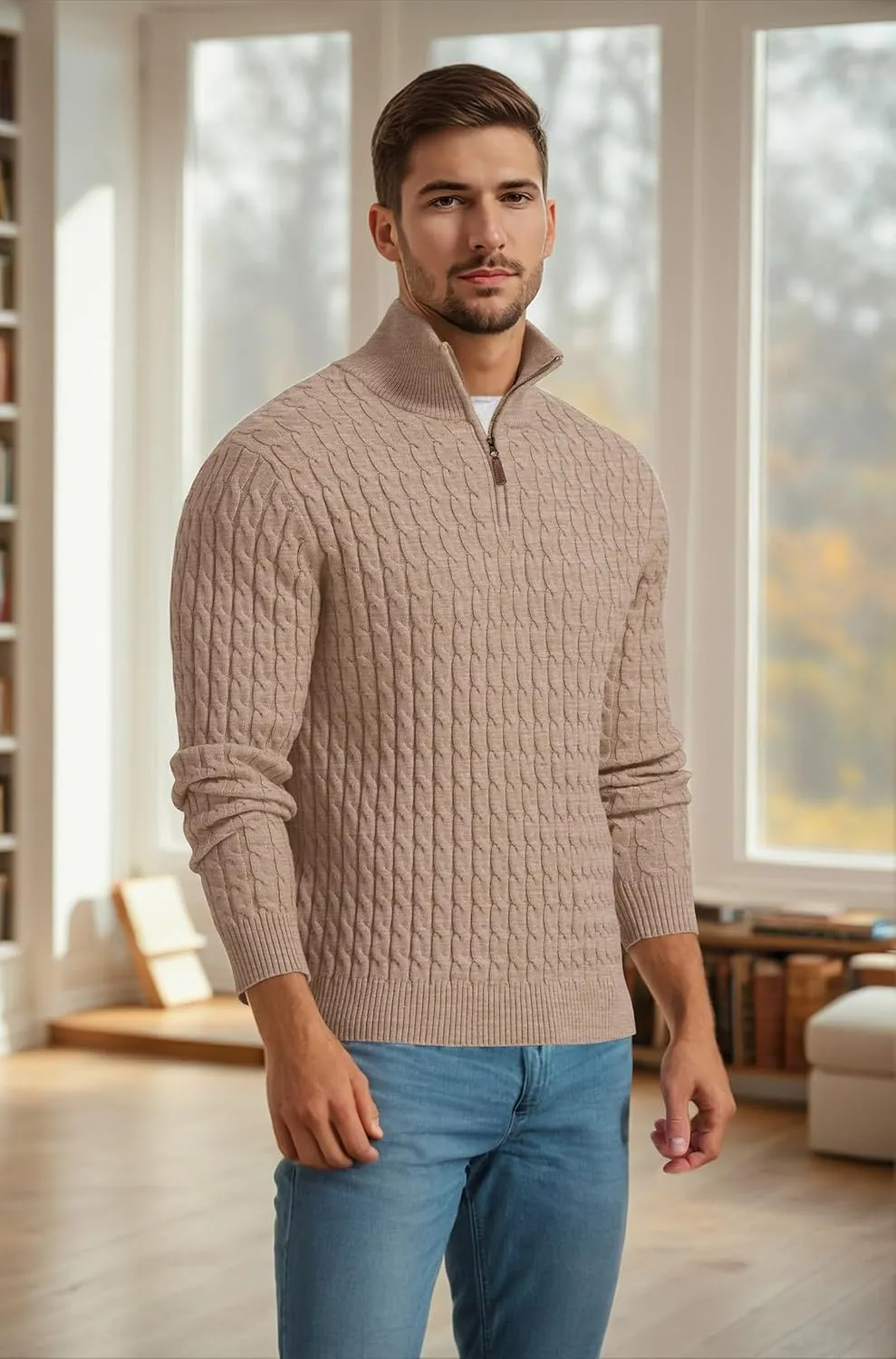 Askdeer Men's Quarter Zip Sweater Cable Knit Sweater Mock Neck Polo Sweater Casual Pullover Sweater with Ribbing Edge