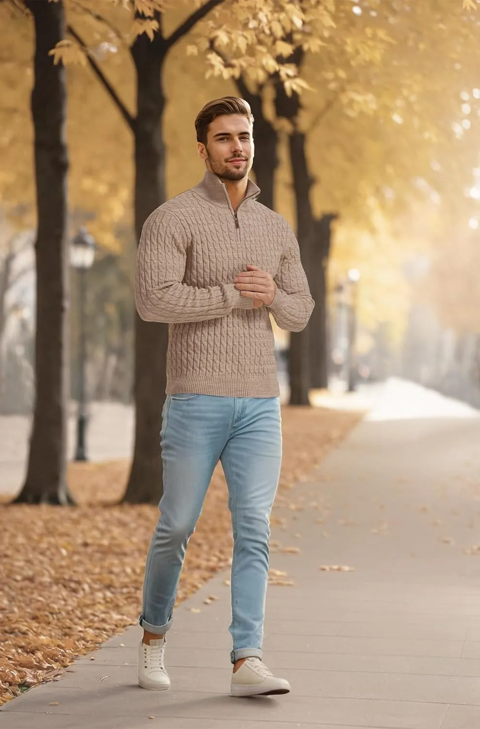 Askdeer Men's Quarter Zip Sweater Cable Knit Sweater Mock Neck Polo Sweater Casual Pullover Sweater with Ribbing Edge